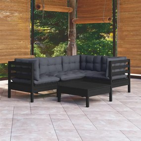 3096380 vidaXL Set mobilier grădină cu perne, 5 piese, negru, lemn de pin