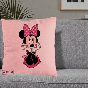 Perna Personalizata Minnie Mouse cu Fundita, 40x40 cm, Roz, Husa Detasabila, Perna Inclusa, BEKZ®