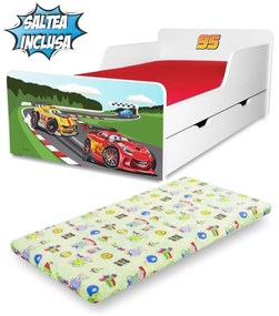 Pat baieti Start Racing Fulger 95 pentru 2-12 ani cu sertar si saltea 160x80 - PC-P-MK-SRT-95-80