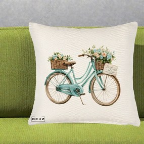 Perna Decorativa Bicicleta Teal cu Cosuri Duble de Flori Vintage, 40x40 cm, Crem Reliefat, Husa Detasabila, Perna Inclusa, BEKZ®