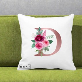 Cadou Personalizat - Perna Personalizata Monograma Rose Gold Litera D, 40x40 cm, Alba Mata, Husa Detasabila, Perna Inclusa, BEKZ®