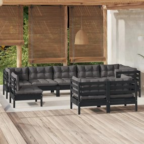 3096530 vidaXL Set mobilier grădină cu perne, 9 piese, negru, lemn masiv pin