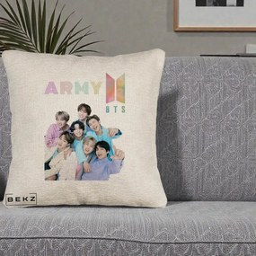 Perna Personalizata K-pop BTS ARMY Fotografie Grup Veseli, 40x40 cm, Bej Canapea, Husa Detasabila, Perna Inclusa, BEKZ®