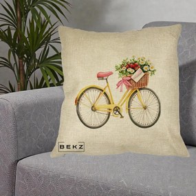 Perna Decorativa Bicicleta Galbena cu Cos de Flori Primavara, 40x40 cm, Crem, Husa Detasabila, Perna Inclusa, BEKZ®