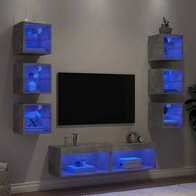 3216636 vidaXL Unități TV de perete cu LED-uri 8 piese gri beton lemn compozit