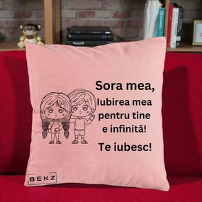 Cadou pentru Sora - Perna Personalizata Sora Mea Te Iubesc Copii Anime Line Art, 40x40 cm, Roz, Husa Detasabila, Perna Inclusa, BEKZ®