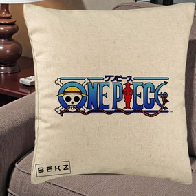 Perna Personalizata One Piece Clasic Albastru, 40x40 cm, Bej, Husa Detasabila, Perna Inclusa, BEKZ®