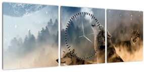 Tablou - lupii urlând la lună (cu ceas) (90x30 cm)