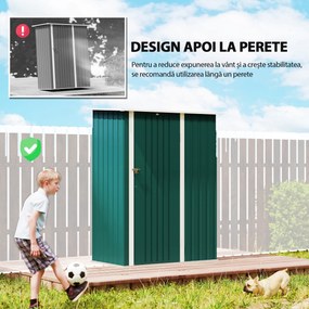 Outsunny Magazie de Grădină 1.07m² din Oțel Zincat, Căsuță pentru Depozitare cu Ușă Blocabilă, Acoperiș Înclinat, 142x86x189 cm, Verde | Aosom Romania