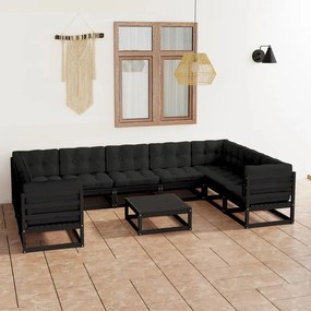 3078148 vidaXL Set mobilier grădină cu perne, 10 piese, negru, lemn masiv pin