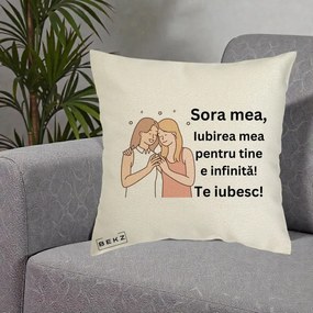 Cadou pentru Sora - Perna Personalizata Sora Mea Te Iubesc Imbratisare cu Sclipiri, 40x40 cm, Ecru, Husa Detasabila, Perna Inclusa, BEKZ®