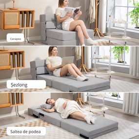 HOMCOM Sofa la sol, canapea tapițată, transformabilă în saltea, spumă, pernă, Gri deschis | Aosom Romania