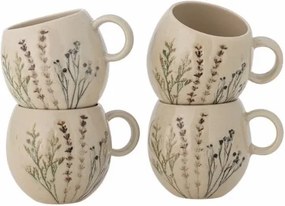 Set 4 cești din ceramică, natur, cu ilustrații botanice pictate manual, 9.5x8.5 cm, „Bea"