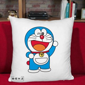 Perna Personalizata Doraemon Salutand, 40x40 cm, Alb Pufos, Husa Detasabila, Perna Inclusa, BEKZ®