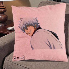 Perna Personalizata Gintama Gintoki Portret cu Zambet, 40x40 cm, Roz, Husa Detasabila, Perna Inclusa, BEKZ®