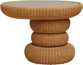 Măsuță laterală din ratan împletit, ovală, natur, cu blat din sticlă și bază din trei inele suprapuse, 58 x 82 x 57 cm, „Tanea”