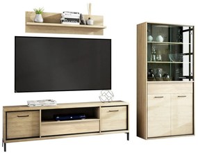 Mobilă pentru sufragerie Stanton F123Luminos lemn, Stejar, Părți separate, Cu comodă tv, Cu componente suplimentare, PAL laminat, Sticlă călită, 139 kg