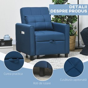 HOMCOM Fotoliu Pat Individual cu Spătar Reglabil pe 3 Nivele, 2 Roți și Pernă din Țesătură, 69x82x85 cm, Albastru | Aosom Romania