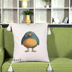 Perna Decorativa Pasare Teal cu Sosete Dunghi, 40x40 cm, Bej cu Franjuri, Husa Detasabila, Perna Inclusa, BEKZ®