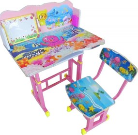 Birou copii din MDF cu jucarii interactive Novokids™ My first desk, dimensiuni 68X43X65, cadru metalic, masuta copii, Roz cu albastru