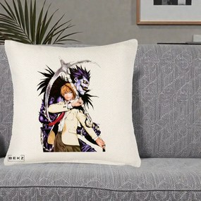 Perna Personalizata Death Note Light si Ryuk Duo, 40x40 cm, Crem Reliefat, Husa Detasabila, Perna Inclusa, BEKZ®