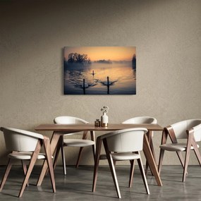 Tablou cu lebăde pe apă în ceață (90x60 cm)