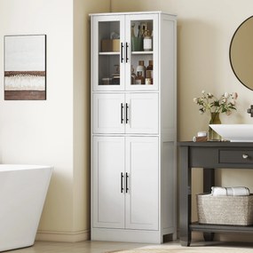 HOMCOM Dulap înalt de baie slim, 170 cm, cu 6 rafturi, uși din sticlă și rafturi reglabile, pentru living sau bucătărie, stil modern, 60x30x170 cm, alb | Aosom Romania