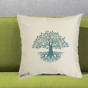 Perna Decorativa Copacul Vietii Teal cu Radacini, 40x40 cm, Ecru, Husa Detasabila, Perna Inclusa, BEKZ®