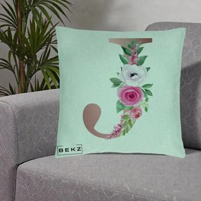 Cadou Personalizat - Perna Personalizata Monograma Rose Gold Litera J, 40x40 cm, Verde Menta, Husa Detasabila, Perna Inclusa, BEKZ®