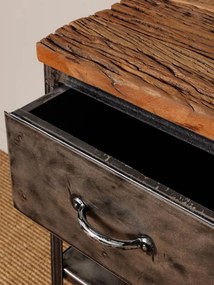 Noptieră rustică din metal și lemn reciclat, gri și natur, cu sertar, 2 rafturi și blat cu fibra brăzdată, 70 x 39 x 42 cm, „Oregon”