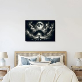 Tablou pe sticlă – Arbore alb-negru în lună plină (70x50 cm)