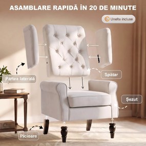 HOMCOM Scaun Decorativ Capitonat cu Spatar Inalt, Cotiere Rotunjite Captusite și Sezut cu Captuseala Groasa, Alb Crem | Aosom Romania