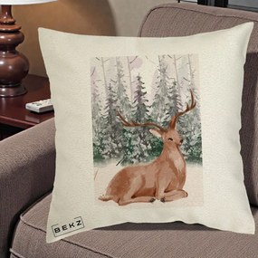 Perna Decorativa Ren in Padure Roz Moale, 40x40 cm, Ecru, Husa Detasabila, Perna Inclusa, BEKZ®