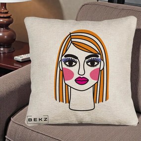 Perna Decorativa Portret Pop Art Fata, 40x40 cm, Bej Canapea, Husa Detasabila, Perna Inclusa, BEKZ®