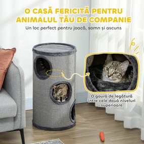 PawHut Cușcă pentru Pisici cu 3 Nivele, Zgârietoare din Sisal și Pluș, Ø38x70cm, Gri | Aosom Romania