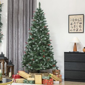 HOMCOM Brad de Crăciun Înalt de 210 cm cu 928 de Ramuri, Brad Artificial de Interior cu Conuri și Boabe Roșii Decorative, Bază Metalică, Verde | Aosom Romania