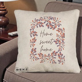 Perna Decorativa Home Sweet Home Frunze Colorate, 40x40 cm, Bej Canapea, Husa Detasabila, Perna Inclusa, BEKZ®