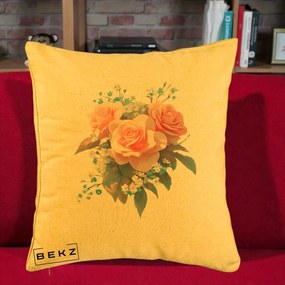 Perna Decorativa Trandafiri Roz cu Floricele Albastre, 40x40 cm, Galben, Husa Detasabila, Perna Inclusa, BEKZ®