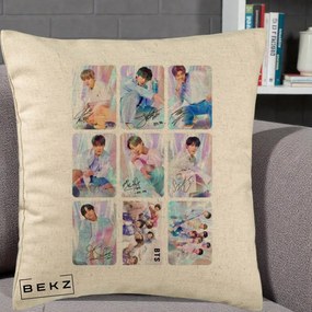 Perna Personalizata K-pop BTS Colaj 9 Fotografii Autografe Individual, 40x40 cm, Bej, Husa Detasabila, Perna Inclusa, BEKZ®