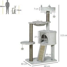 Pawhut zgârietor incl. căsuță pentru pisici, pat pentru pisici, hamac și jucărie 60 cm x 40 cm x 113 cm, Gri deschis | Aosom Romania