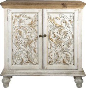 Comodă cu 2 uși, vintage, shabby chic, din lemn, alb, cu blat natur, raft interior și decor sculptat, 100 x 91 x 38 cm, „Fleur de Lys”