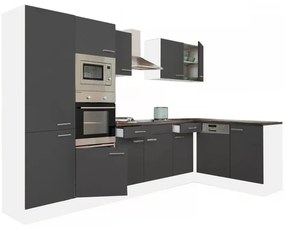 Mobilă de bucătărie de colț Yorki 340, corp alb, față antracit satinat, cu dulap cu raft