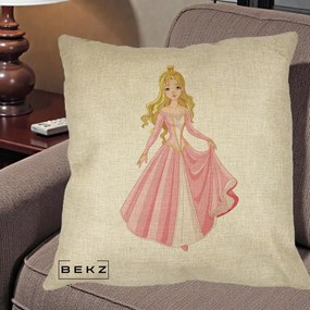 Perna Decorativa Printesa Aurora Rochie Roz, 40x40 cm, Crem, Husa Detasabila, Perna Inclusa, BEKZ®