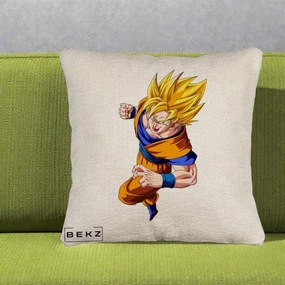 Perna Personalizata Dragon Ball Goku Super Saiyan 2 Lupta, 40x40 cm, Bej Canapea, Husa Detasabila, Perna Inclusa, BEKZ®