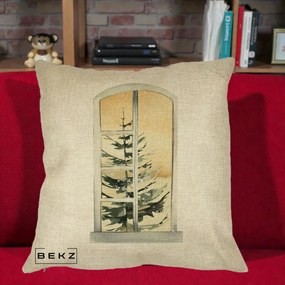 Perna Decorativa Fereastra cu Brad de Iarna, 40x40 cm, Crem, Husa Detasabila, Perna Inclusa, BEKZ®