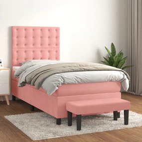 vidaXL Pat box spring cu saltea, roz, 90x200 cm, catifea