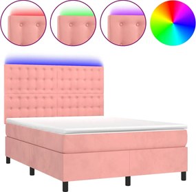 vidaXL Pat cu arcuri, cu saltea și LED, roz, 140x190 cm catifea