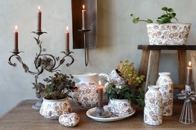Ghiveci decorativ tronconic alb din ceramică pictată manual, cu motiv floral natur, 14,5x9 cm, „Grenoble"