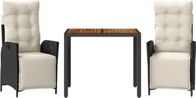 vidaXL Set mobilier de grădină cu perne, 3 piese, negru, poliratan