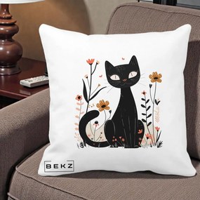 Perna Decorativa Pisica Neagra Flori Pastel Folk, 40x40 cm, Alba Mata, Husa Detasabila, Perna Inclusa, BEKZ®